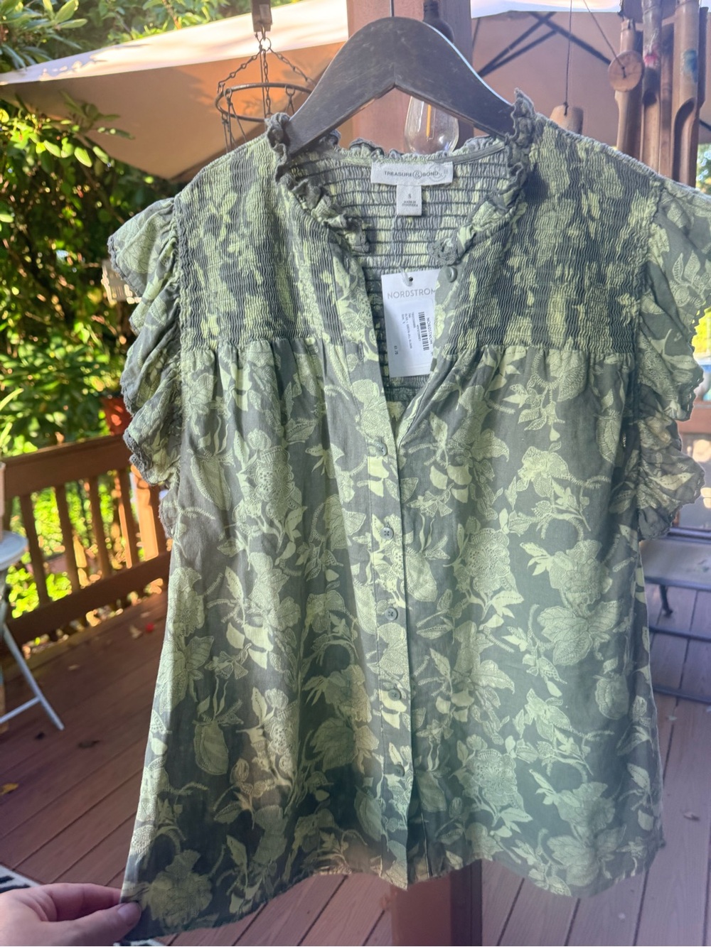 Treasure & Bond Olive Green Floral Smocked Yoke Blouse